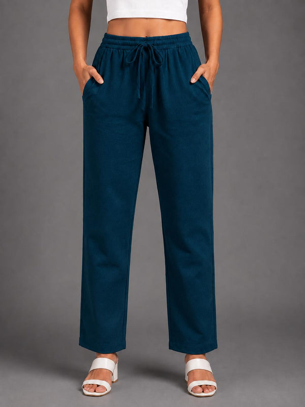 Women Peacock Blue Solid Straight-Fit Elasticated Waist Drawstring Trousers with Pockets