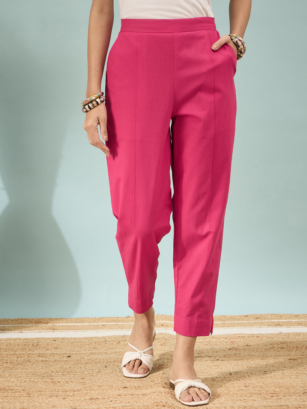 Women’s Pink Solid Cotton Trousers