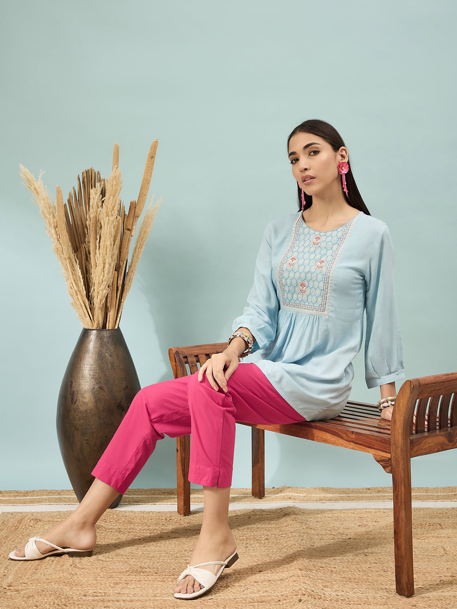Women’s Pink Solid Cotton Trousers