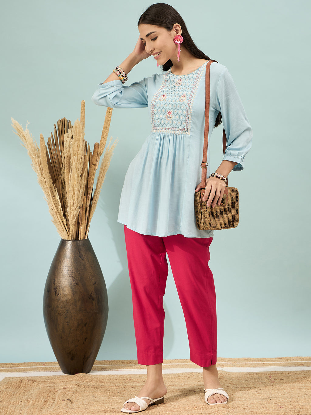 Women’s Red Solid Cotton Trousers