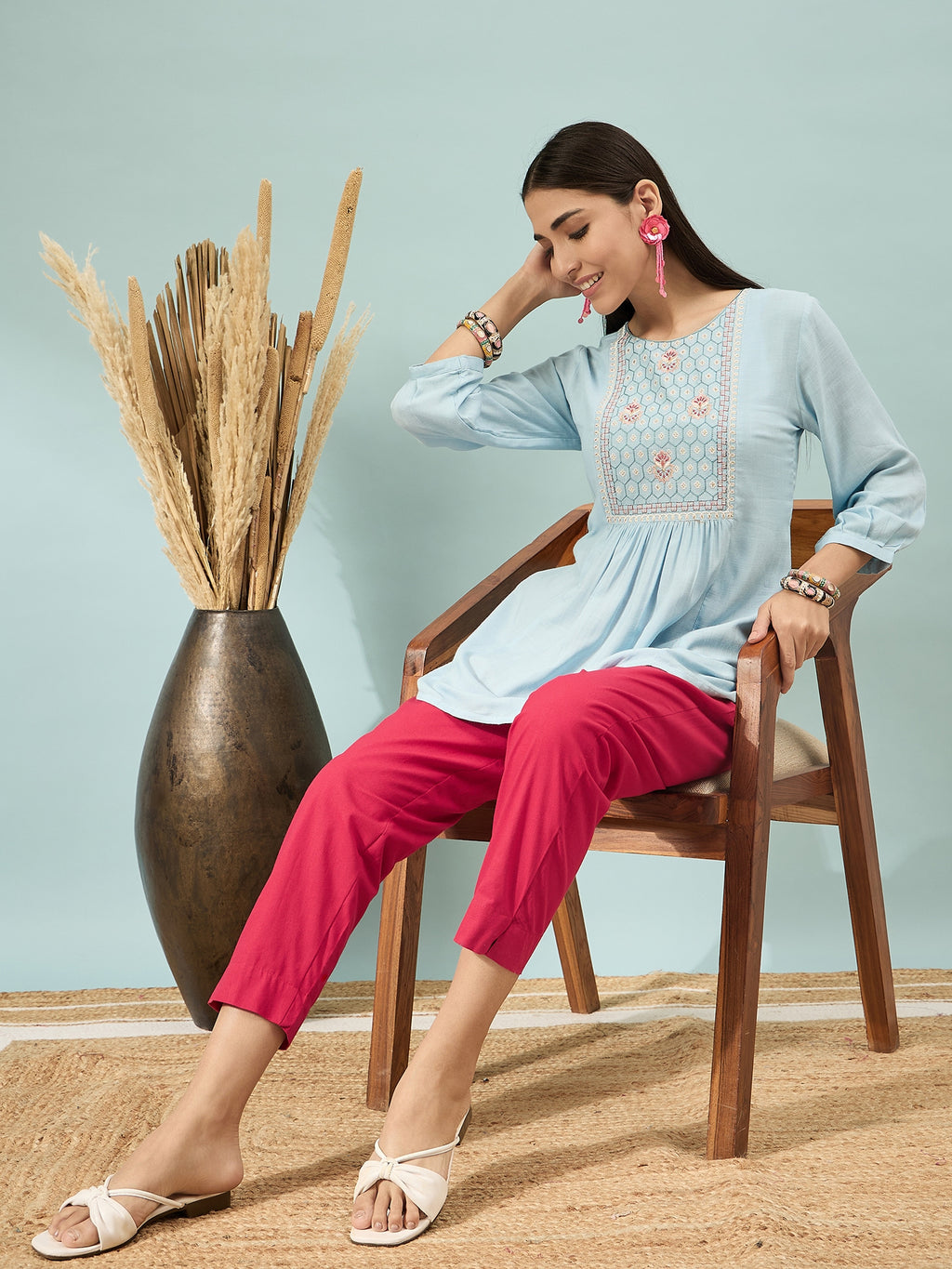 Women’s Red Solid Cotton Trousers