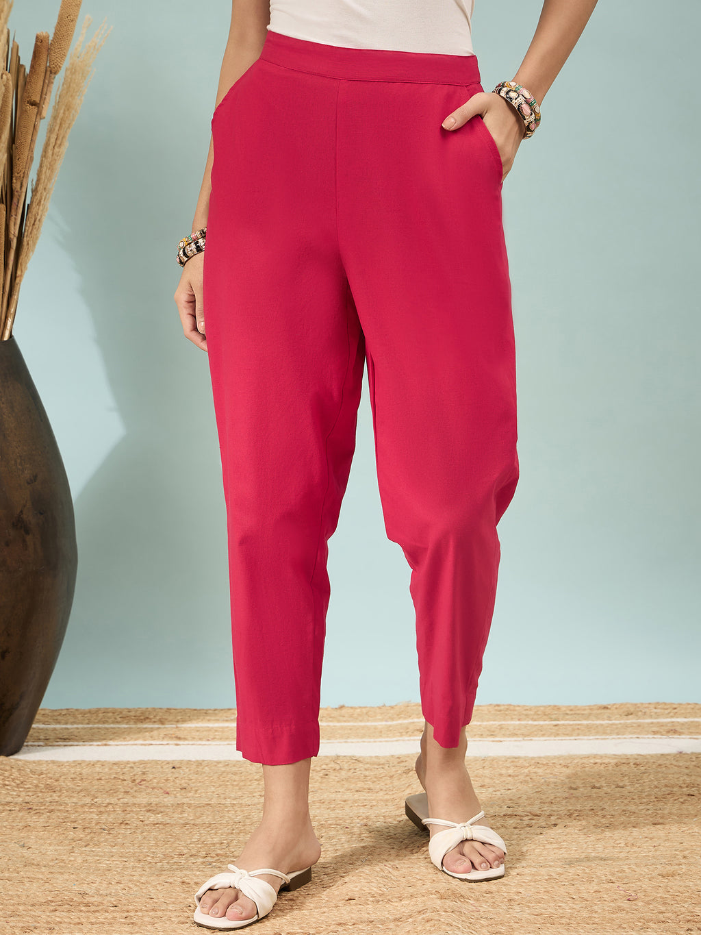 Women’s Red Solid Cotton Trousers