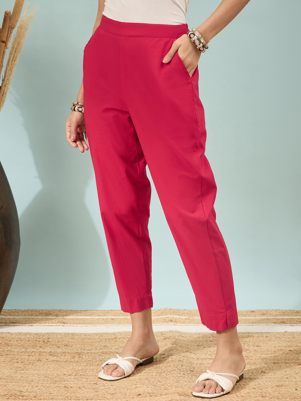 Women’s Red Solid Cotton Trousers