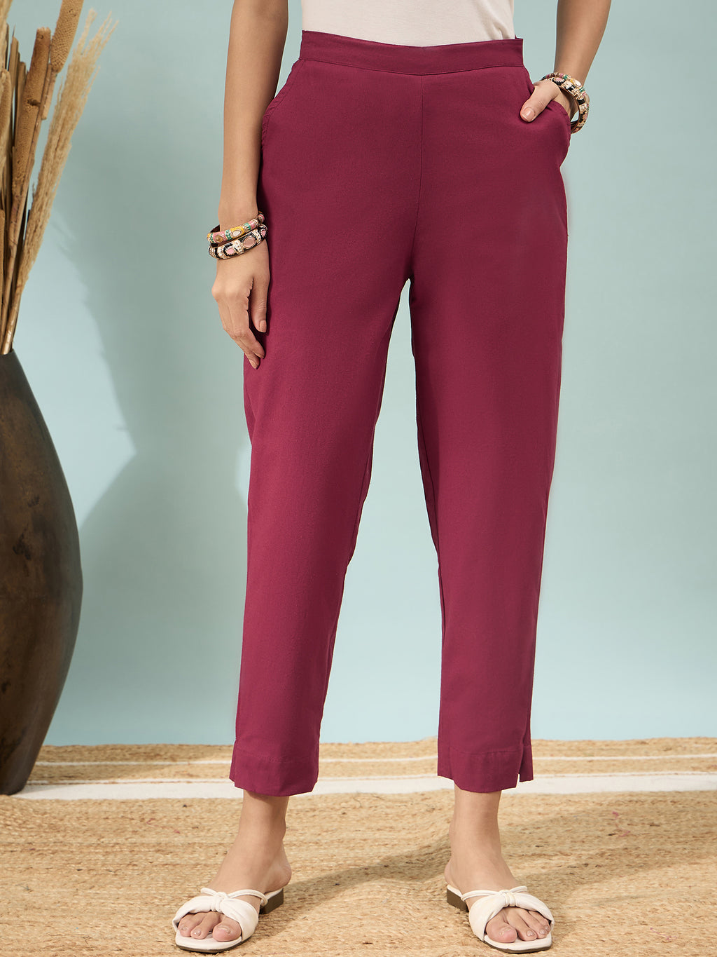 Women’s Maroon Solid Cotton Trousers