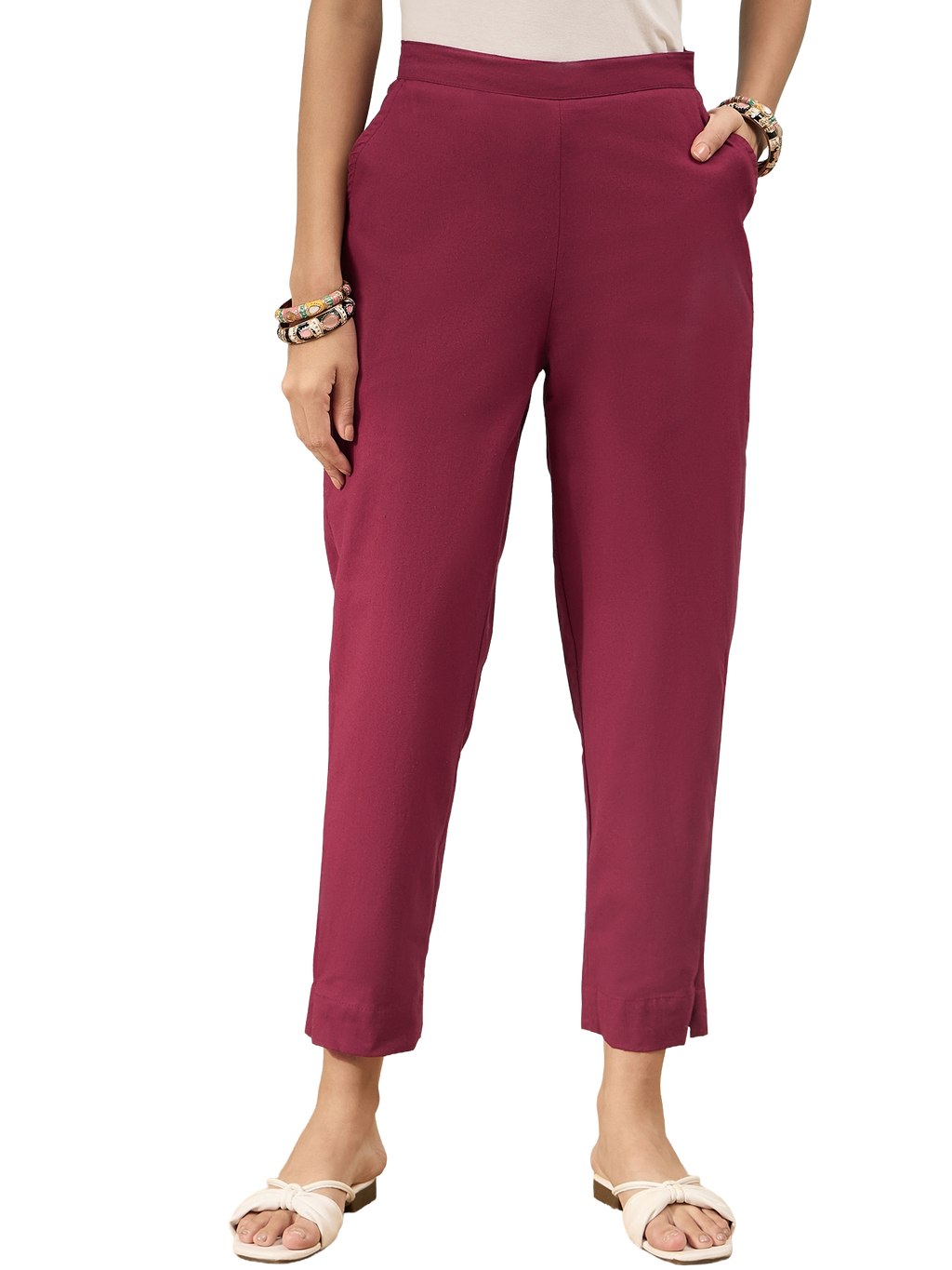 Women’s Maroon Solid Cotton Trousers