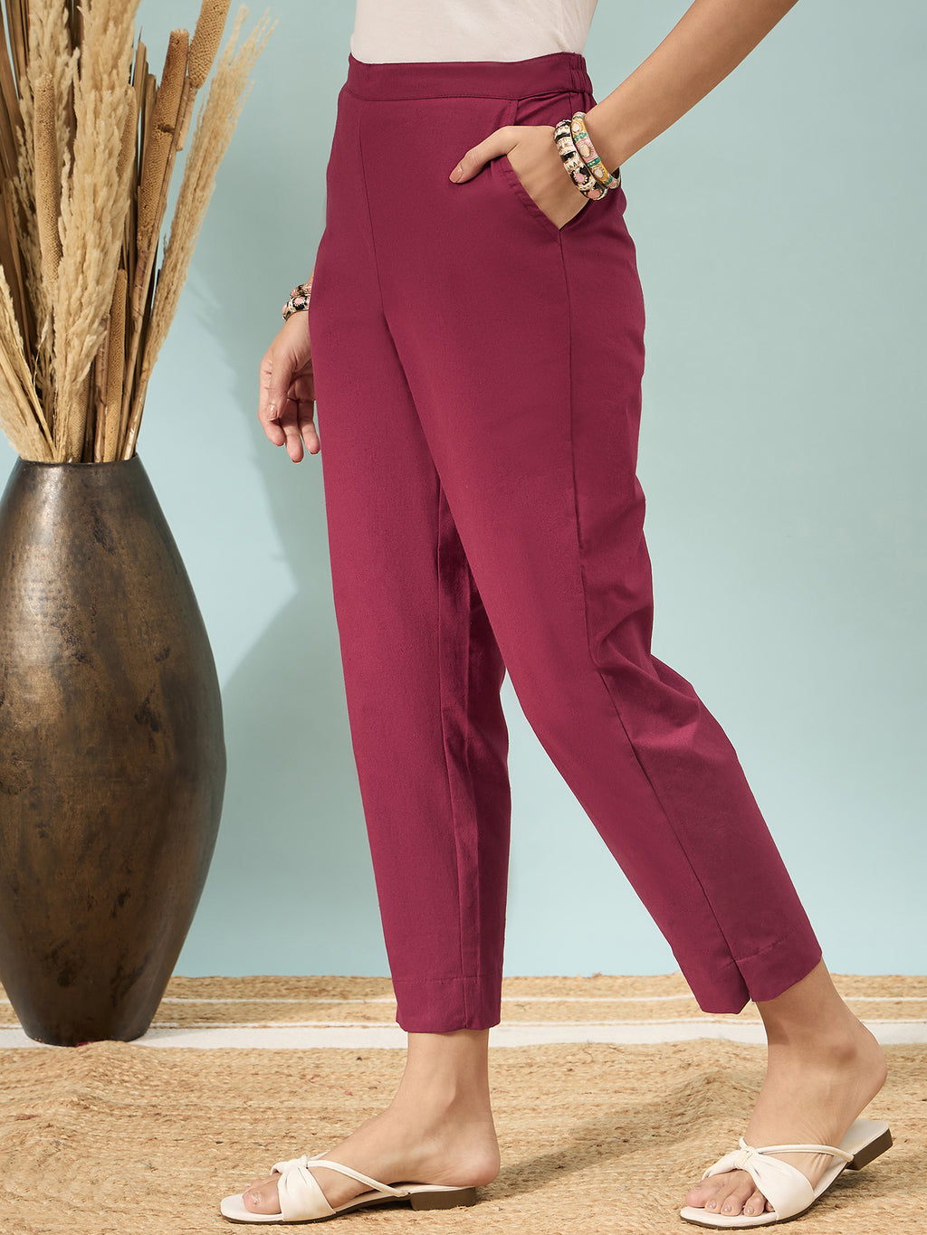 Women’s Maroon Solid Cotton Trousers