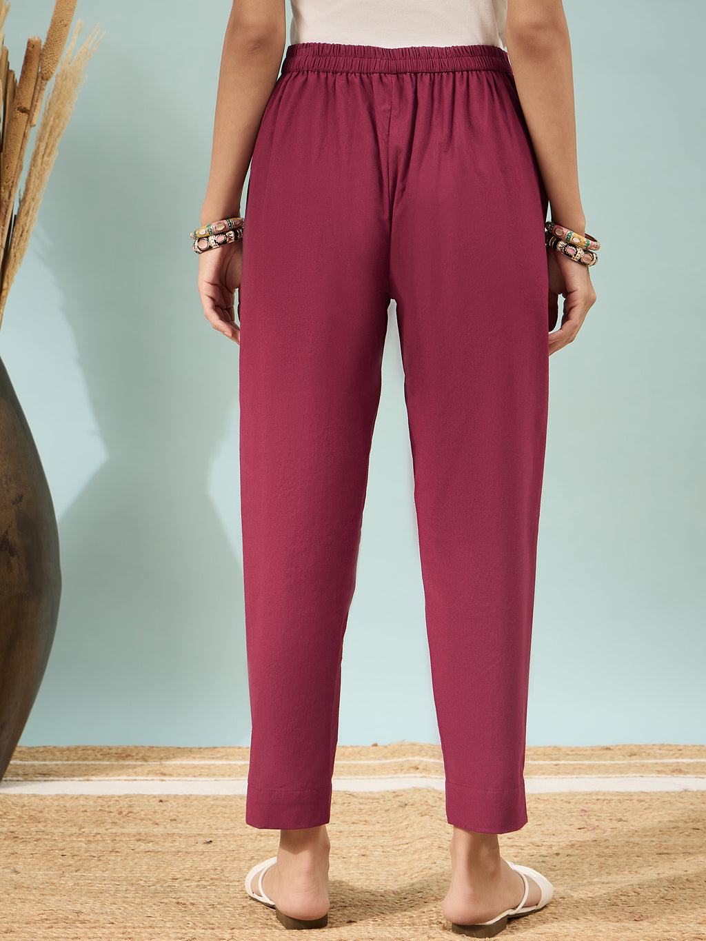 Women’s Maroon Solid Cotton Trousers