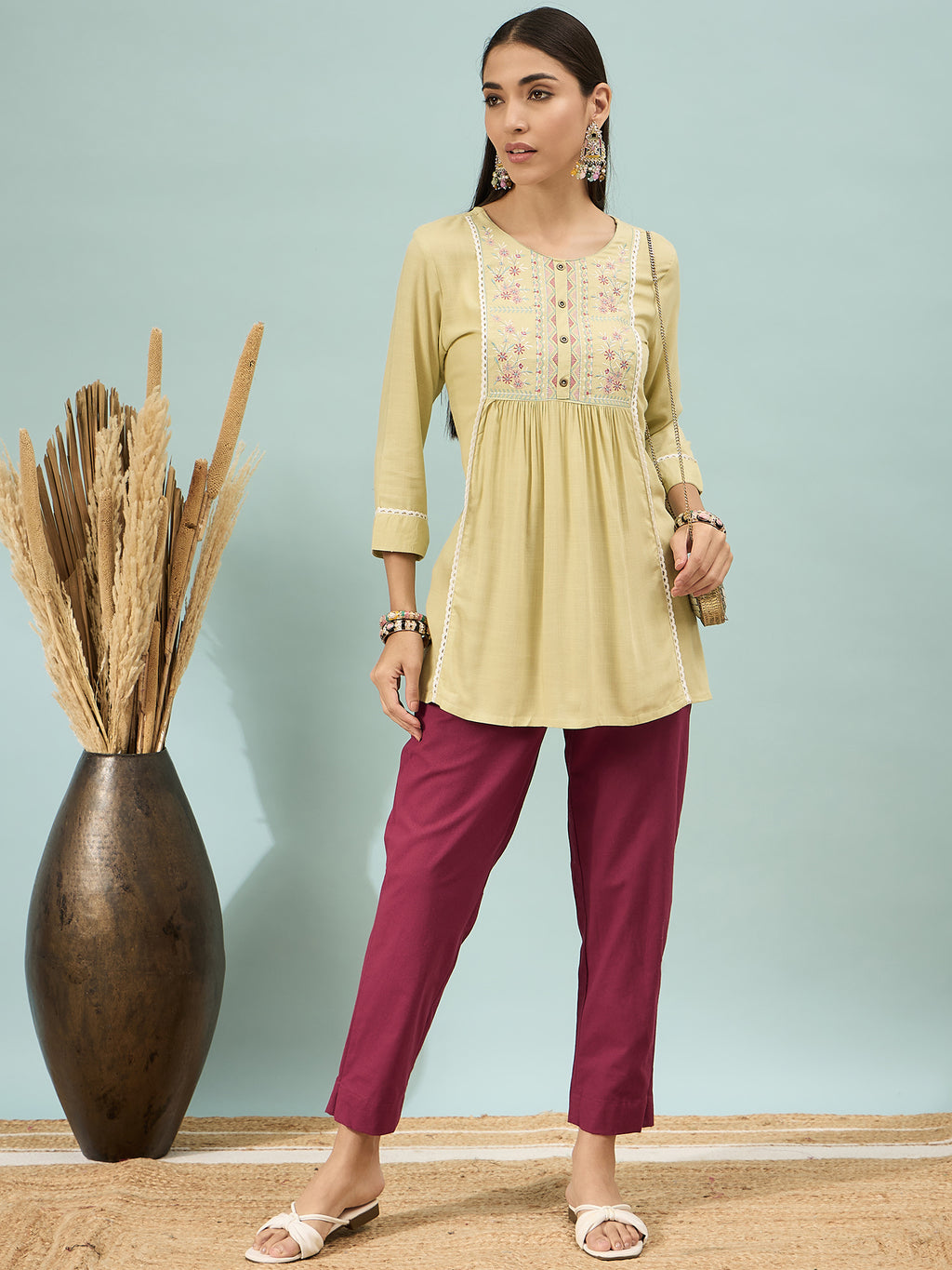Women’s Maroon Solid Cotton Trousers
