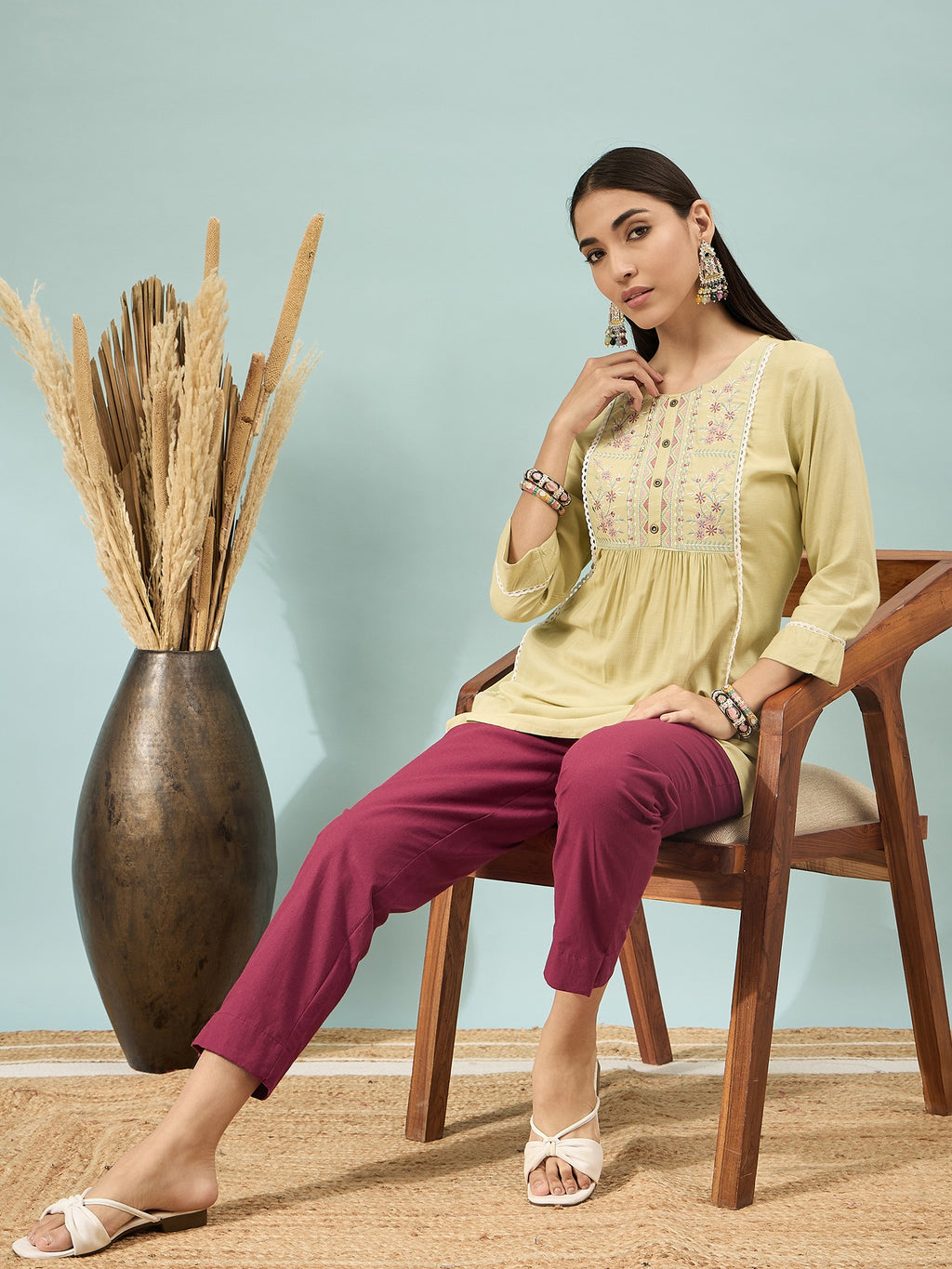 Women’s Maroon Solid Cotton Trousers