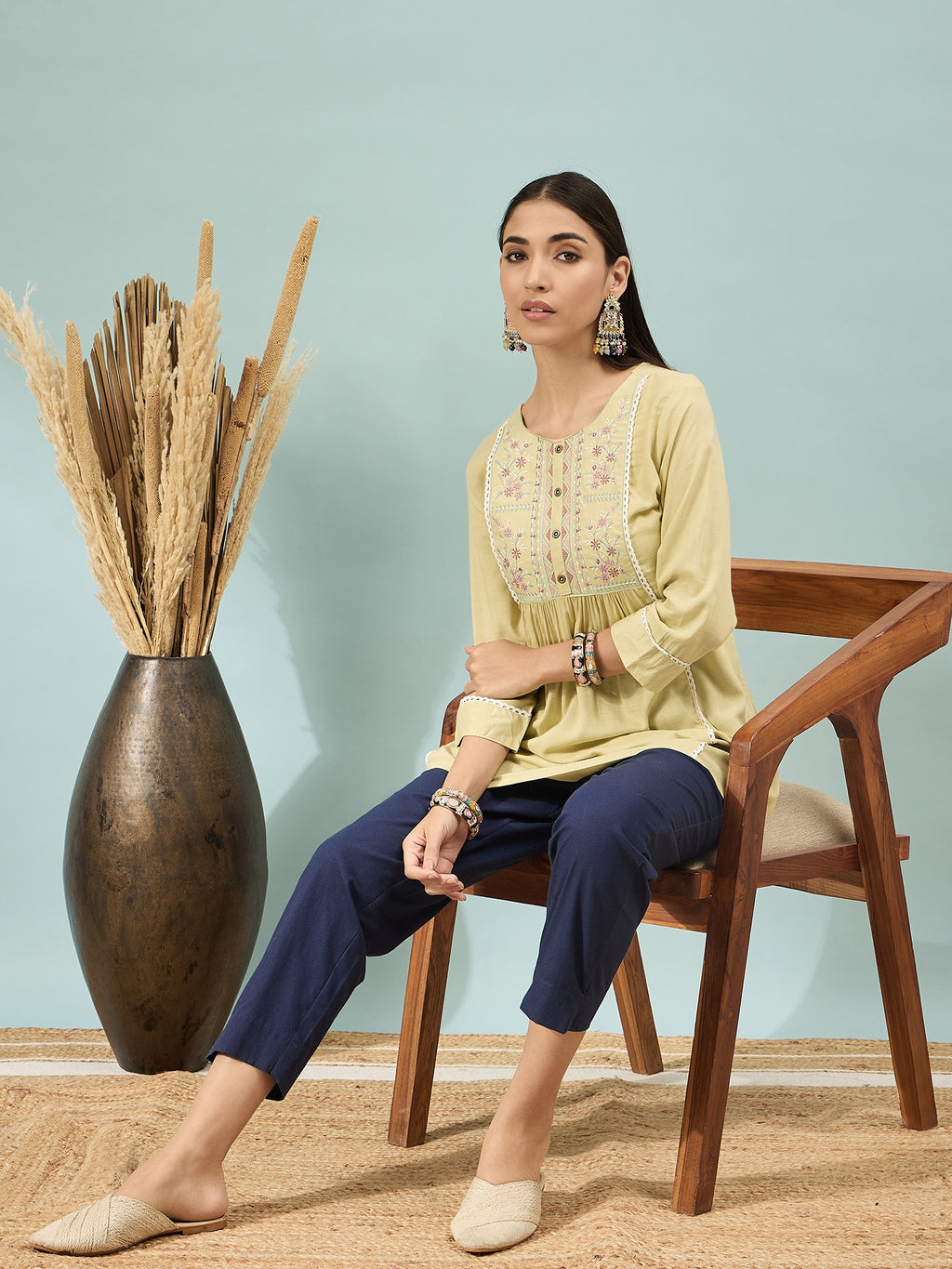 Women’s Navy Blue Solid Cotton Trousers
