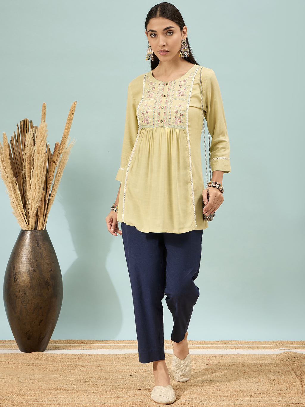 Women’s Navy Blue Solid Cotton Trousers