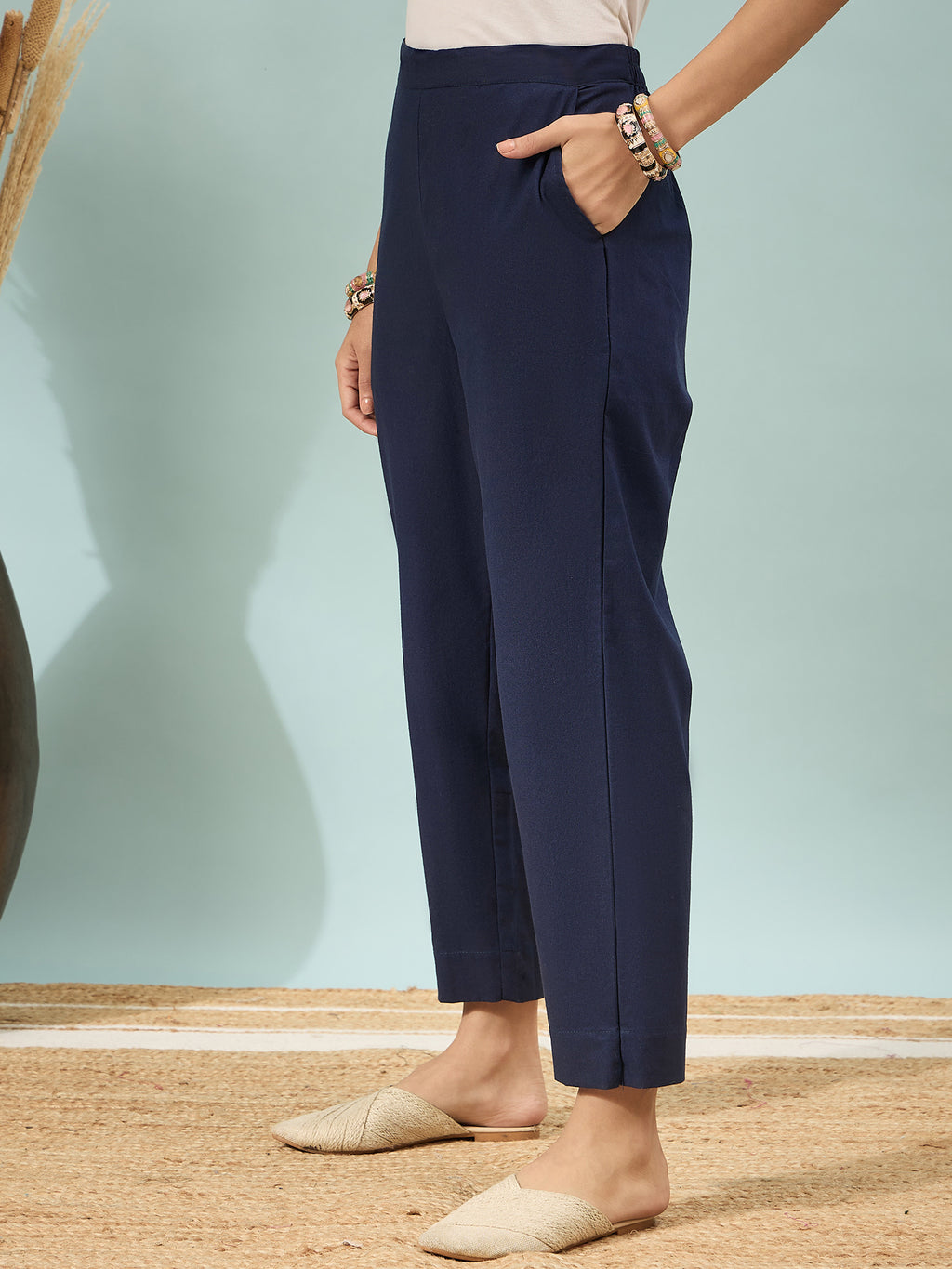 Women’s Navy Blue Solid Cotton Trousers