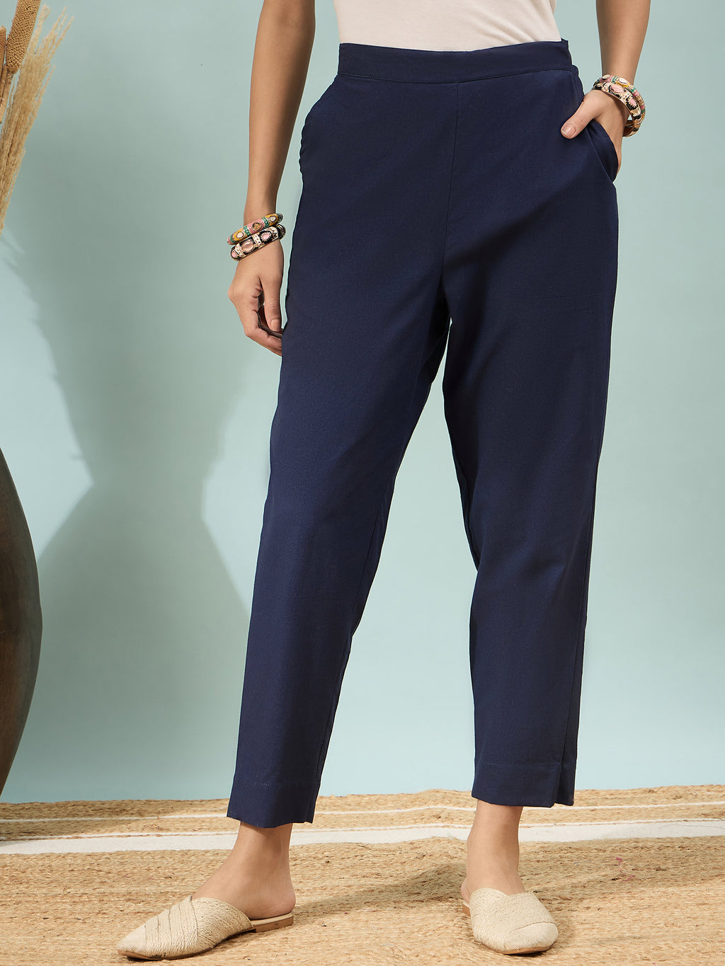 Women’s Navy Blue Solid Cotton Trousers