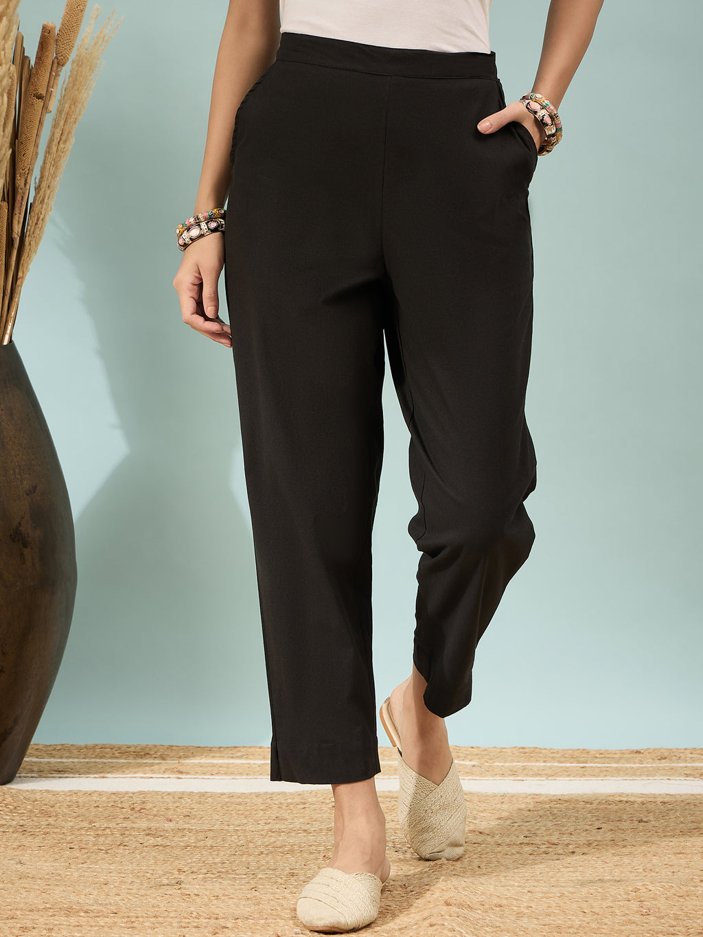 Women’s Black Solid Cotton Trousers