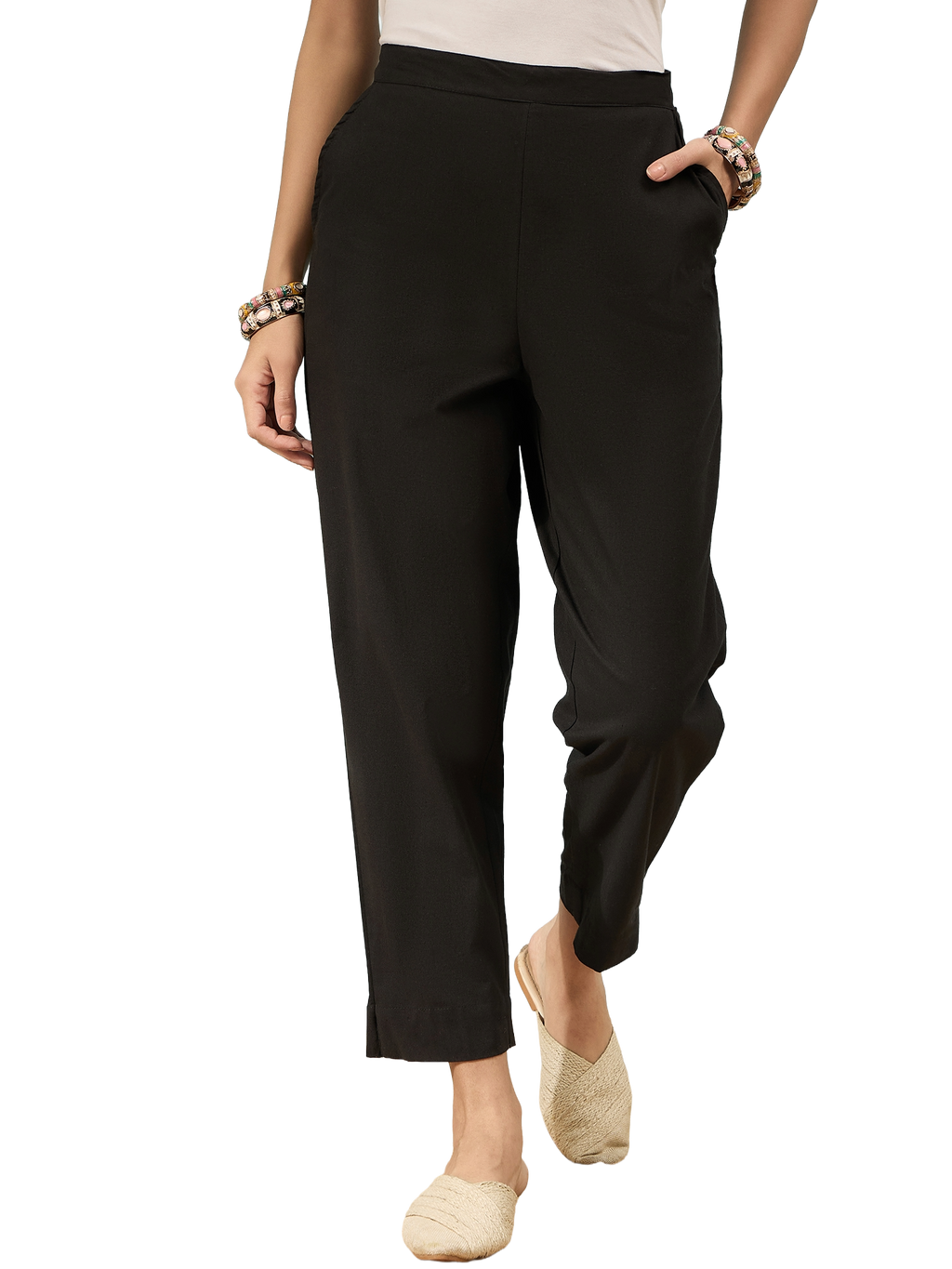 Women’s Black Solid Cotton Trousers