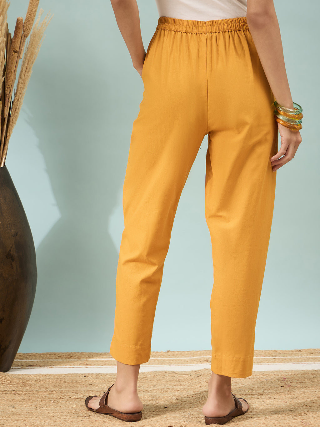 Women’s Mustard Solid Cotton Trousers
