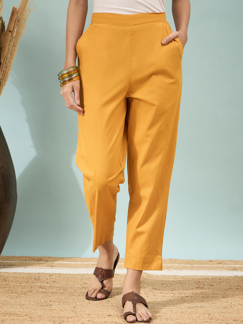 Women’s Mustard Solid Cotton Trousers