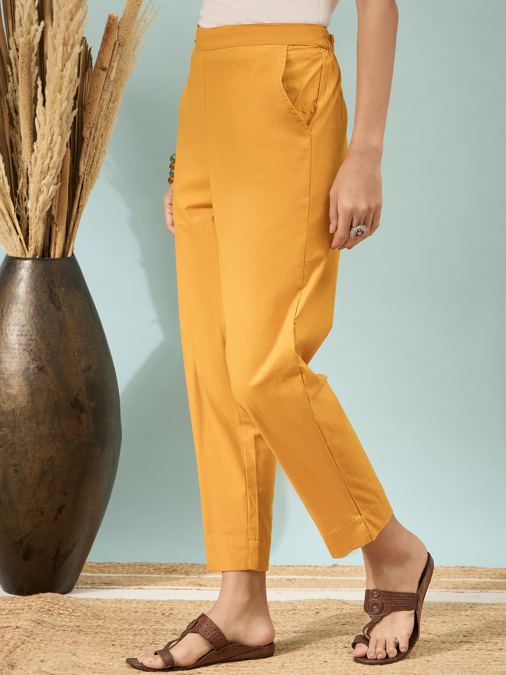 Women’s Mustard Solid Cotton Trousers