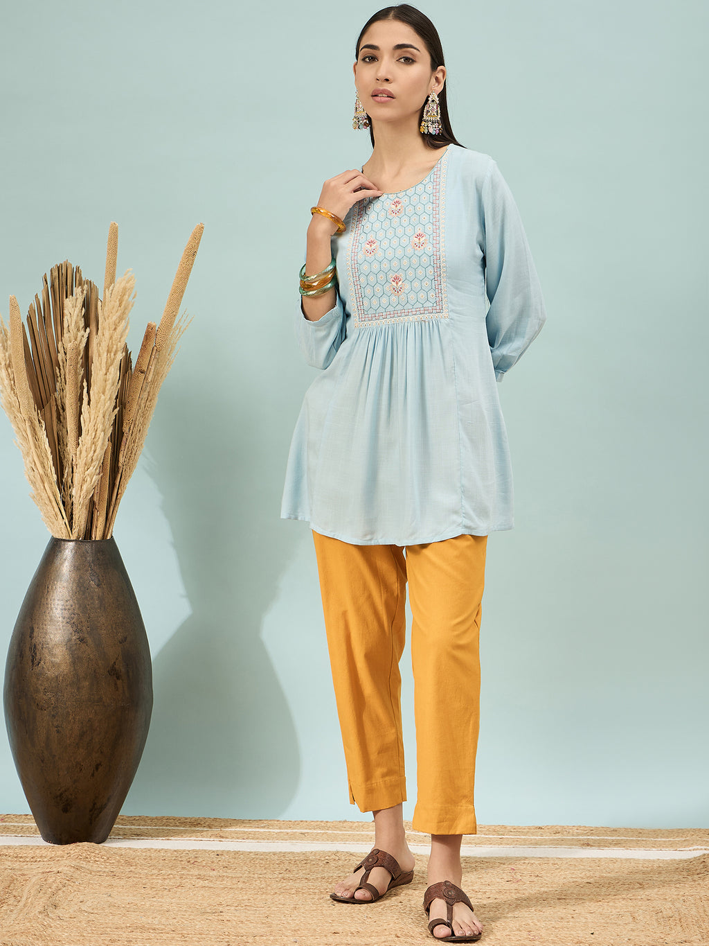 Women’s Mustard Solid Cotton Trousers