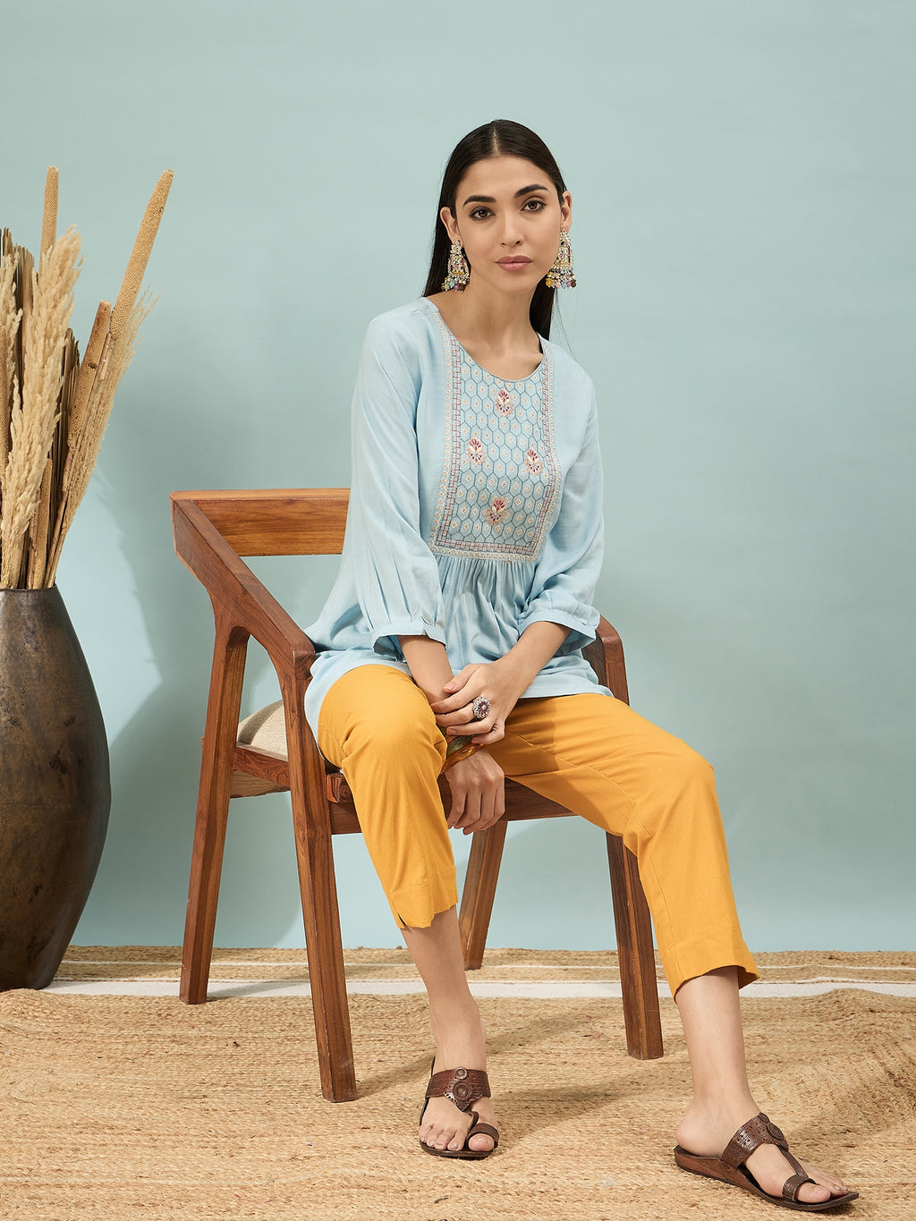 Women’s Mustard Solid Cotton Trousers