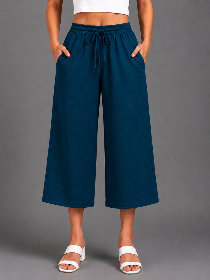 Women’s Peacock Blue Solid Elasticated Drawstring Wide Leg Culotte