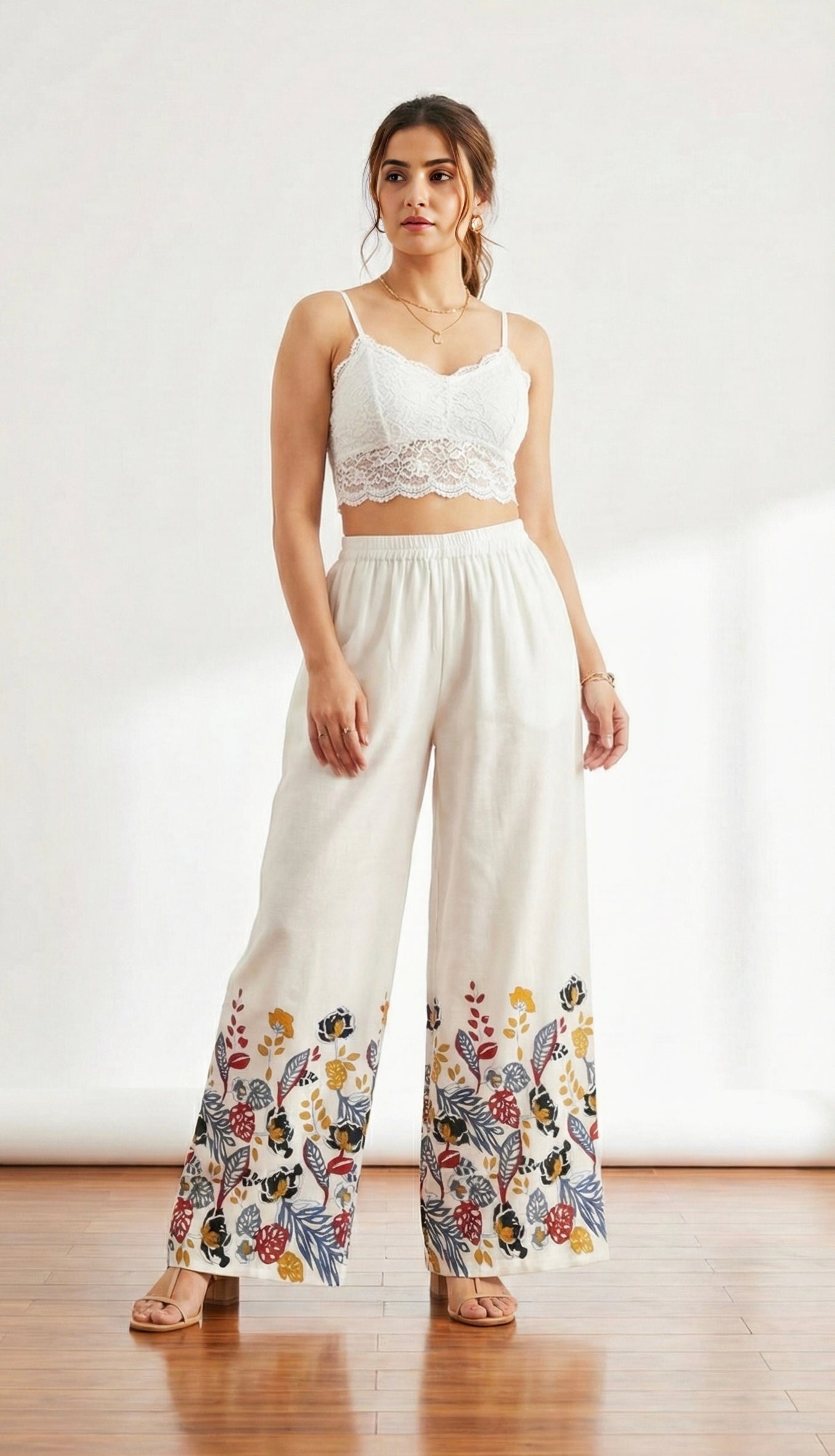 Women's Rayon Printed Wide Leg Palazzo - White