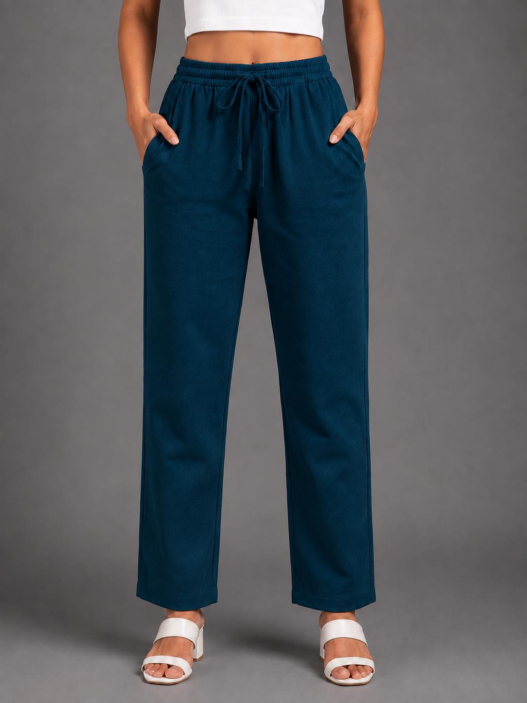 Women Peacock Blue Solid Straight-Fit Elasticated Waist Drawstring Trousers with Pockets