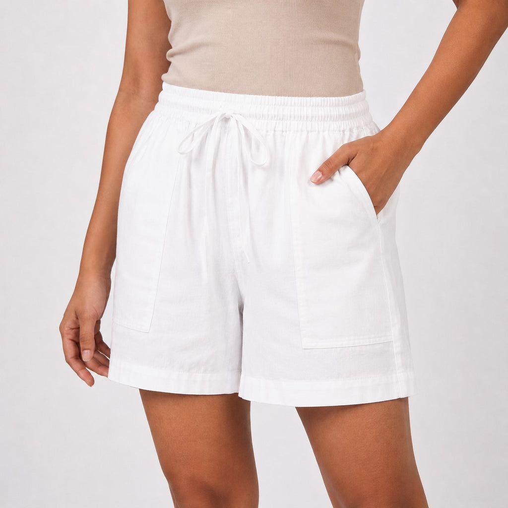 Women’s White Solid Elasticated Drawstring Casual Shorts