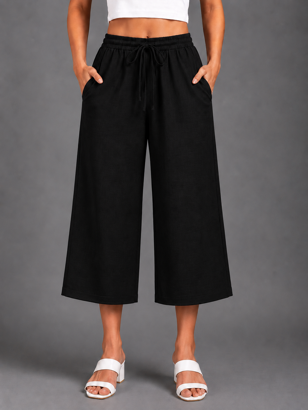 Women’s Black Solid Elasticated Drawstring Wide Leg Culotte