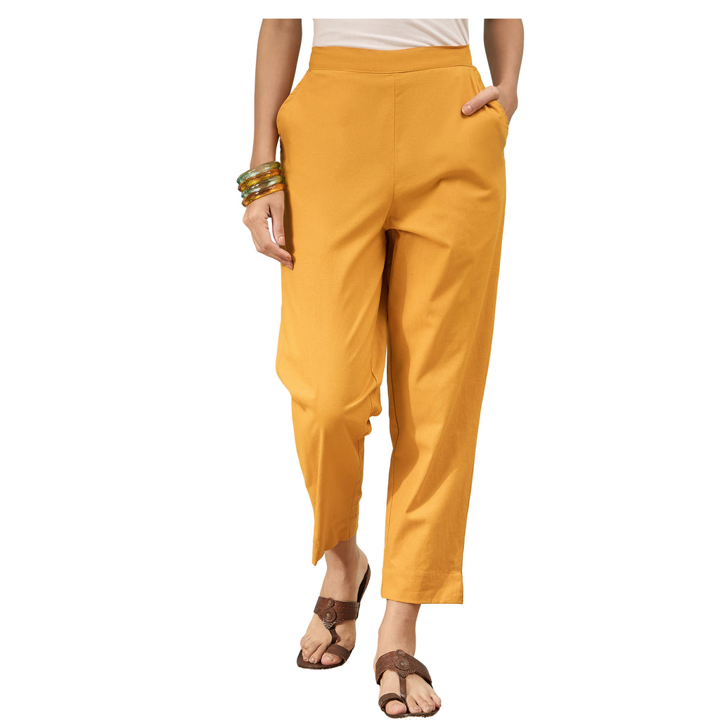 Women’s Mustard Solid Cotton Trousers