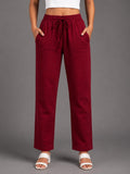 Women Maroon Solid Straight-Fit Elasticated Waist Drawstring Trousers with Pockets