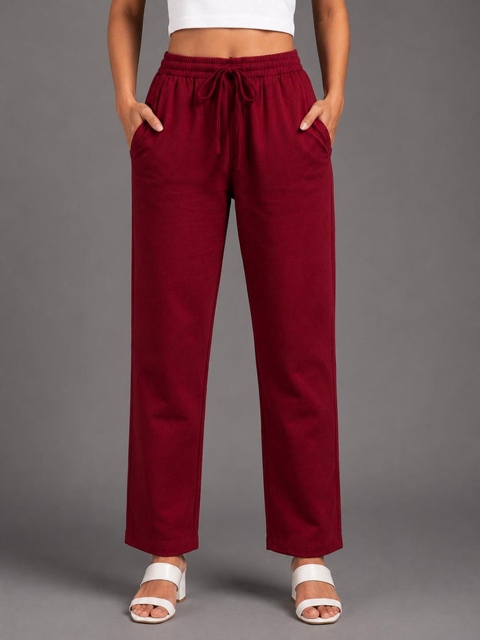 Women Maroon Solid Straight-Fit Elasticated Waist Drawstring Trousers with Pockets