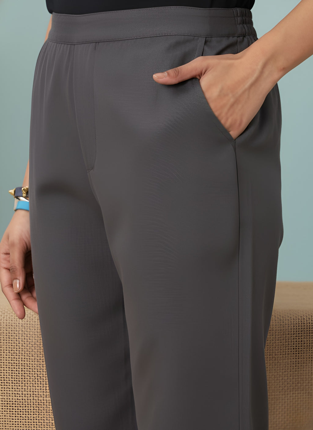 Women’s Dark Grey Solid Cotton Trousers