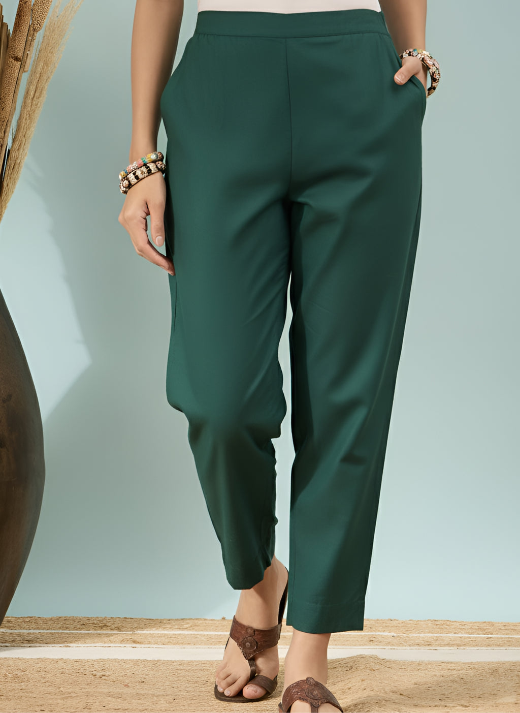 Women’s Dark Green Solid Cotton Trousers