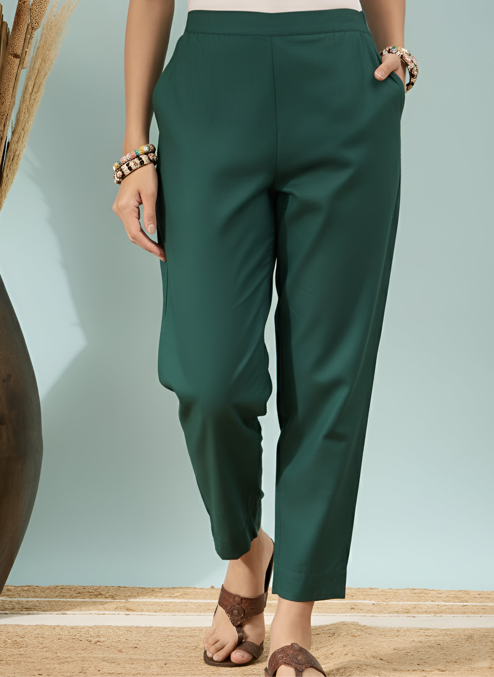 Women’s Dark Green Solid Cotton Trousers