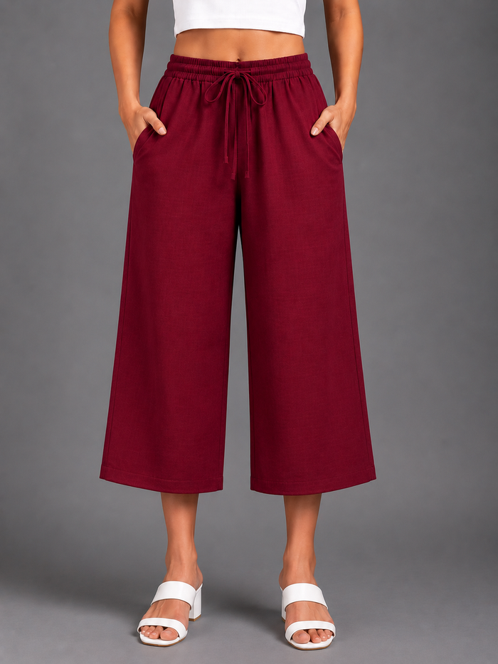 Women’s Maroon Solid Elasticated Drawstring Wide Leg Culotte