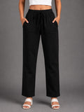 Women Black Solid Straight-Fit Elasticated Waist Drawstring Trousers with Pockets
