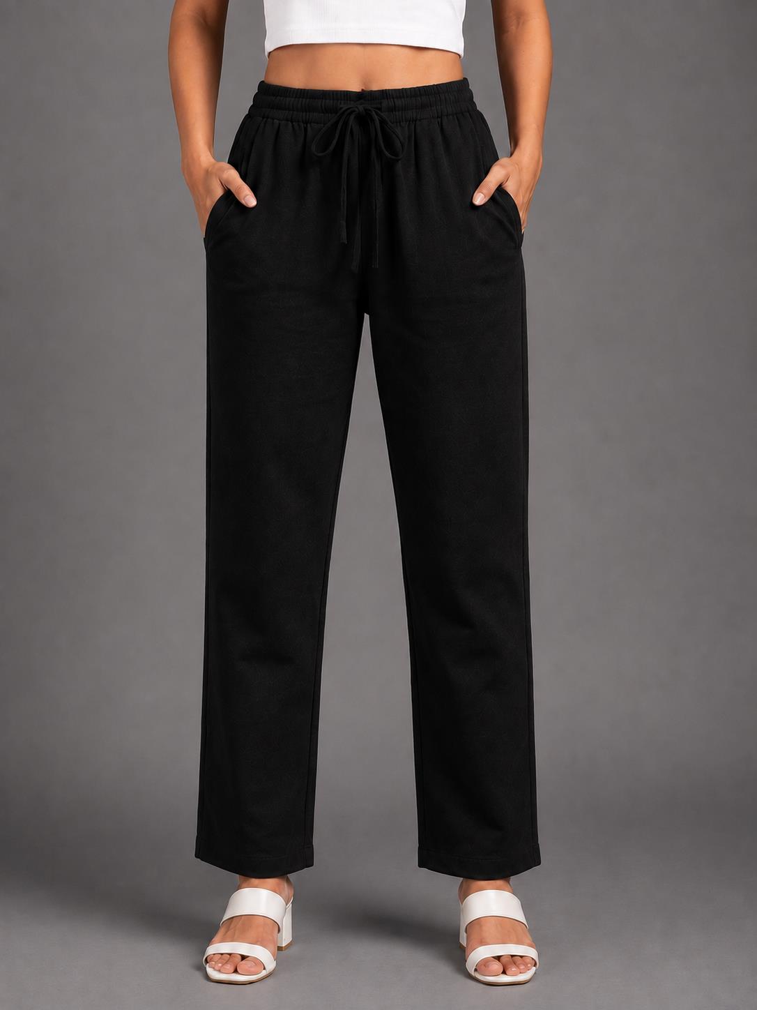 Women Black Solid Straight-Fit Elasticated Waist Drawstring Trousers with Pockets