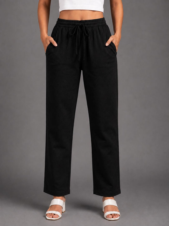 Women Black Solid Straight-Fit Elasticated Waist Drawstring Trousers with Pockets