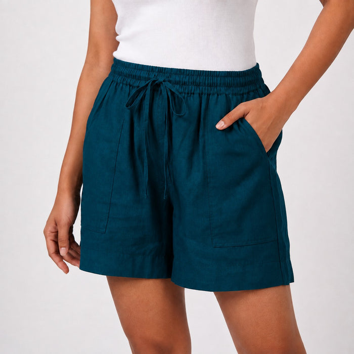 Women’s Peacock Blue Solid Elasticated Drawstring Casual Shorts