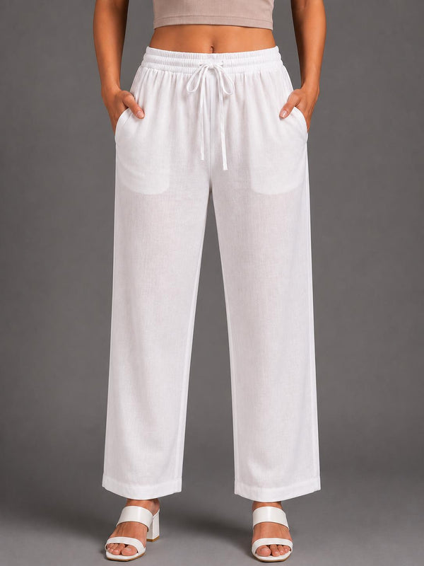 Women White Solid Straight-Fit Elasticated Waist Drawstring Trousers with Pockets