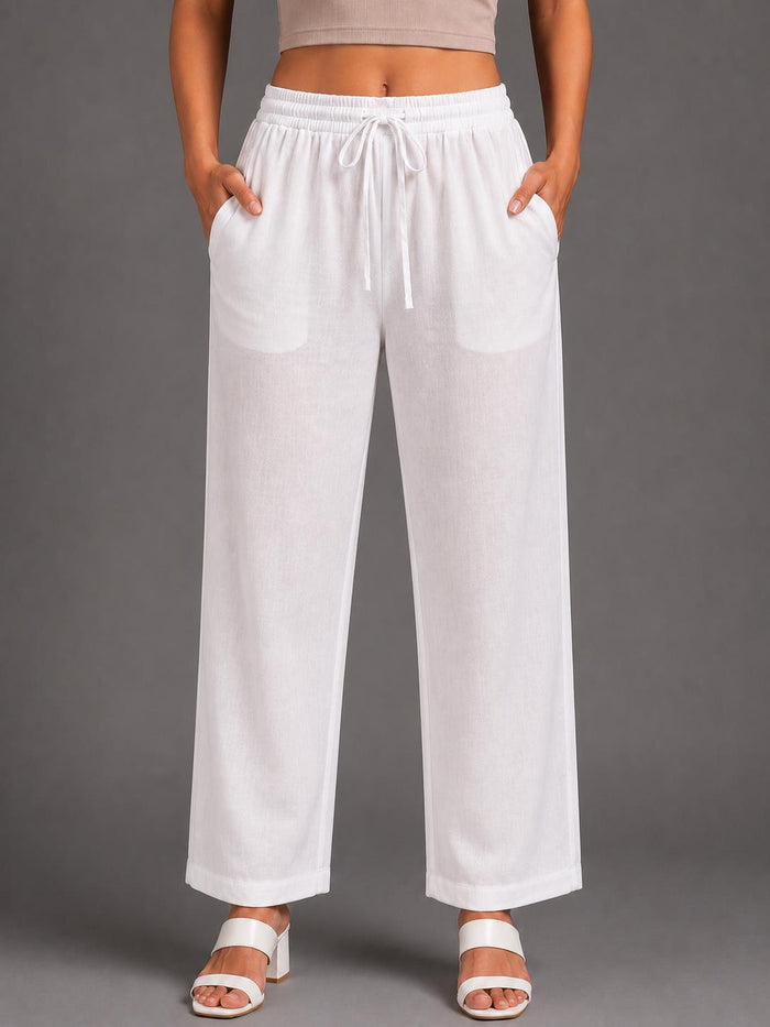 Women White Solid Straight-Fit Elasticated Waist Drawstring Trousers with Pockets