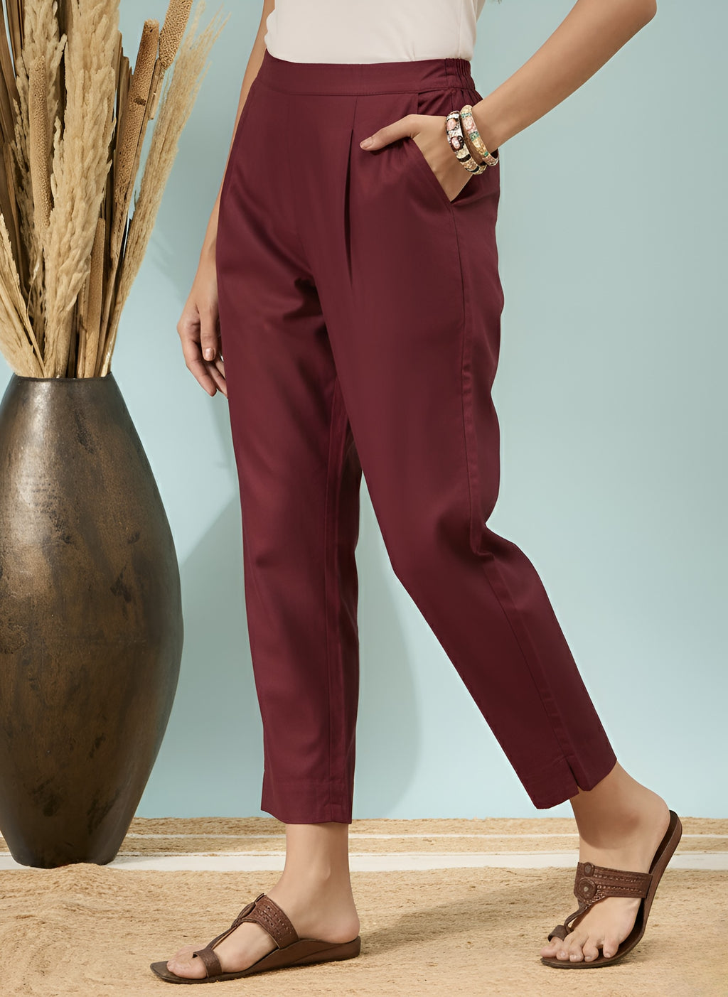 Women’s Wine Solid Cotton Trousers