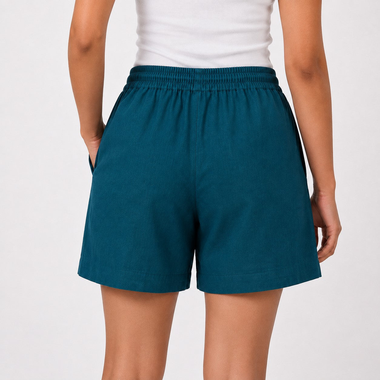 Women’s Peacock Blue Solid Elasticated Drawstring Casual Shorts