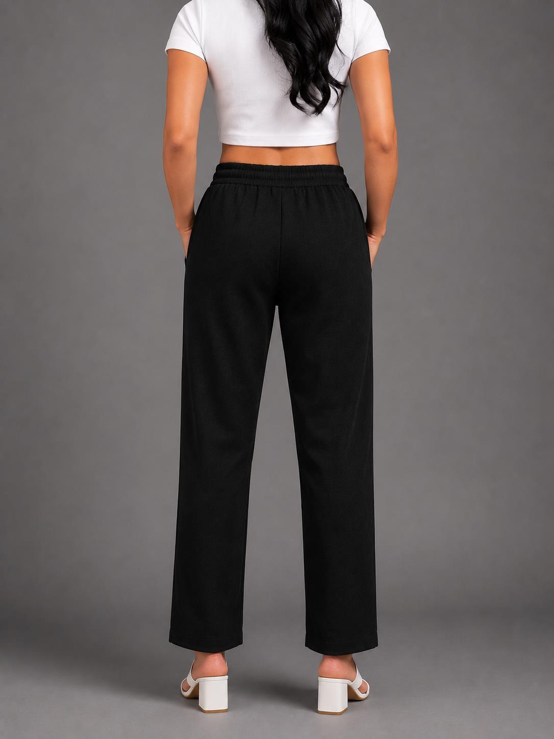 Women Black Solid Straight-Fit Elasticated Waist Drawstring Trousers with Pockets