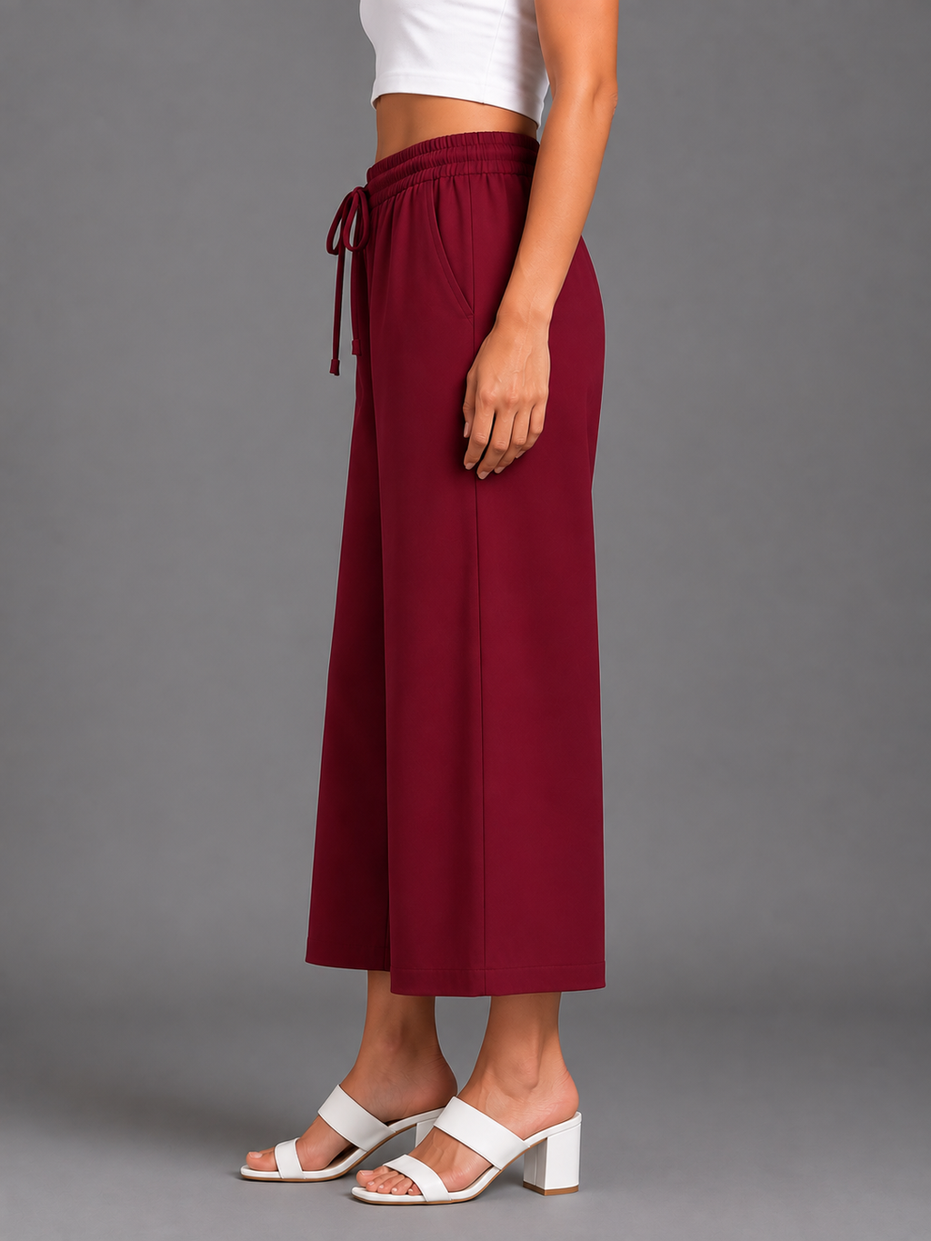 Women’s Maroon Solid Elasticated Drawstring Wide Leg Culotte
