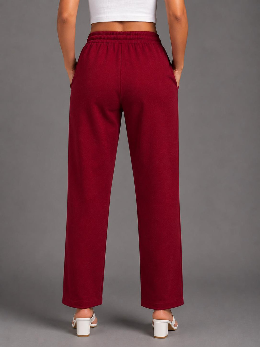 Women Maroon Solid Straight-Fit Elasticated Waist Drawstring Trousers with Pockets