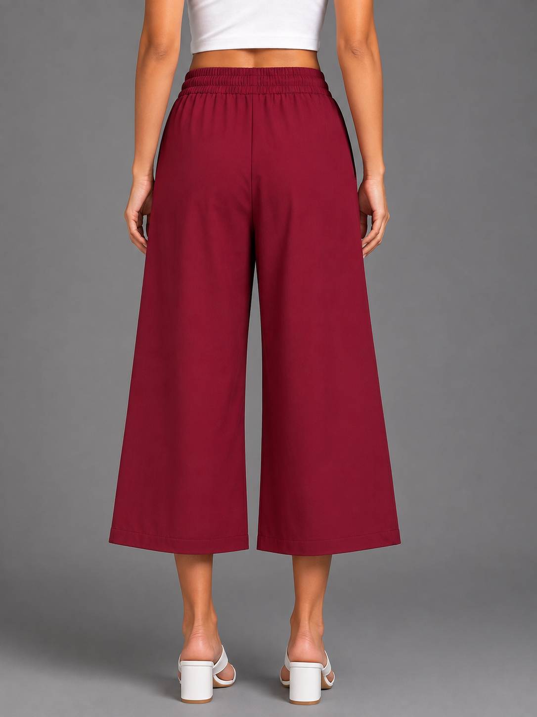 Women’s Maroon Solid Elasticated Drawstring Wide Leg Culotte