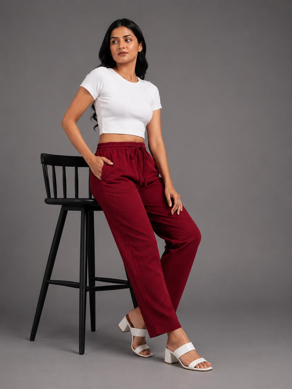 Women Maroon Solid Straight-Fit Elasticated Waist Drawstring Trousers with Pockets