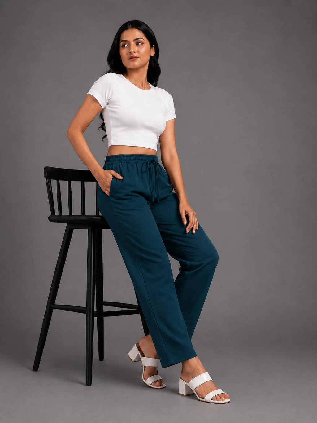 Women Peacock Blue Solid Straight-Fit Elasticated Waist Drawstring Trousers with Pockets